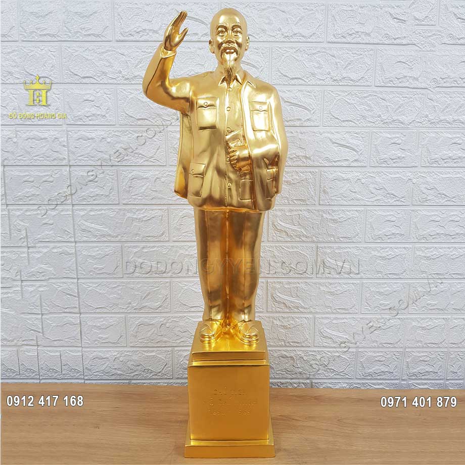 Tượng B&aacute;c Hồ Vẫy Tay Ch&agrave;o Bằng Đồng Đỏ D&aacute;t V&agrave;ng 9999 70Cm